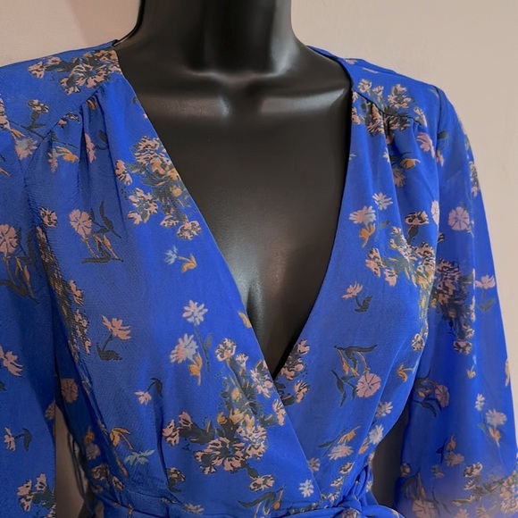 Free People Womens Lilou Printed Dress Size XS in Cobalt Combo Bell Sleeves - Picture 3 of 10